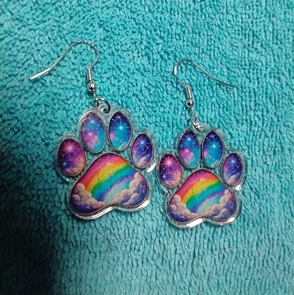 Dog paw rainbow 🌈 bridge 🌉 wire earrings love colorful sentimental - Picture 2 of 3